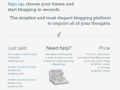 Writus Home blog blogging feather homepage post typewriter write