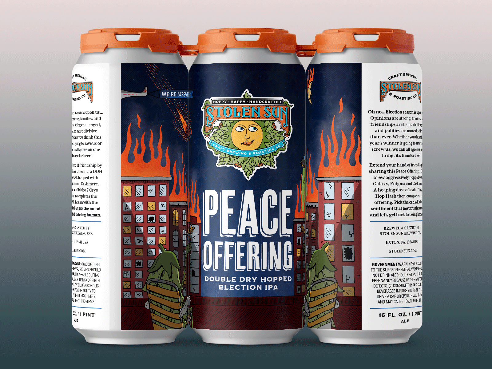 Peace Offering / We're Screwed! beer beer art beer branding beer can beer label fire hand drawn hops illustration politics ufo