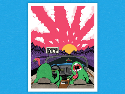 Just Visiting driving fear and loathing hand type illustration landscape monsters mountains psychedelic typography
