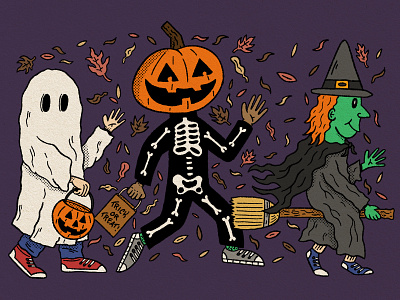 TRICK OR TREAT! autumn ghost halloween hand drawn illustration kids pumpkin skeleton trick or treat witch