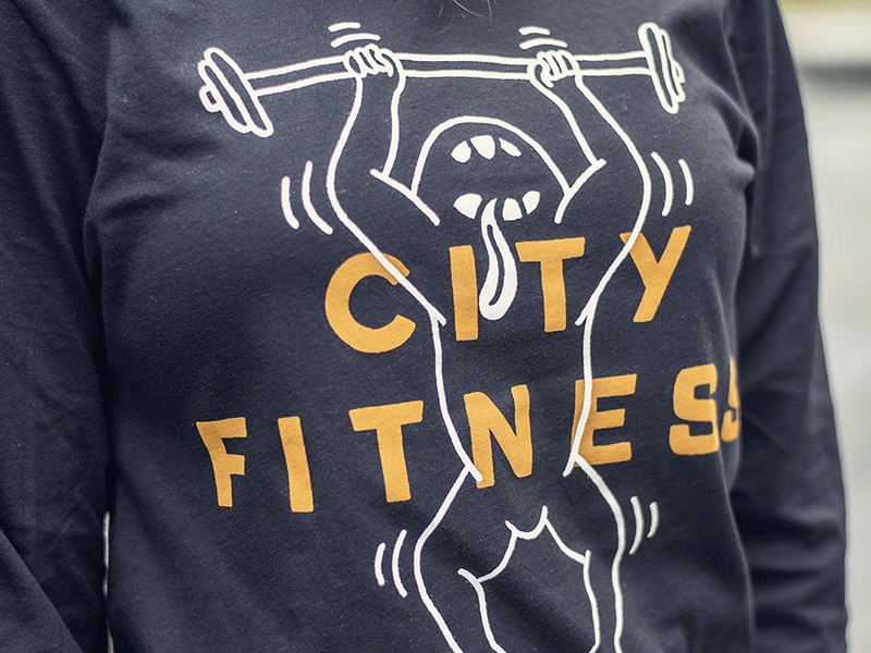 City Fitness: Wear Philly apparel city fitness fitness hand drawn hand type illustration monster philadelphia screenprinting shirts tongue weightlifter