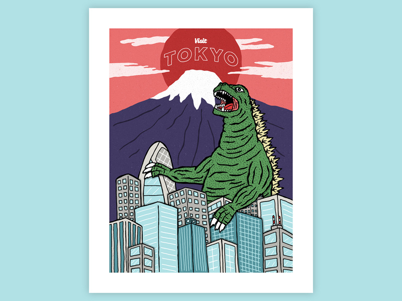 Visit Tokyo travel poster movie poster monster kaiju city tokyo godzilla hand drawn illustration