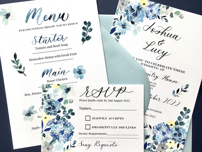 Winter Blue Watercolour Floral Wedding Stationery