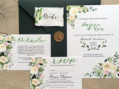 Classic Green Floral Watercolour Wedding Invitations calligraphy design illustration painting watercolor wedding