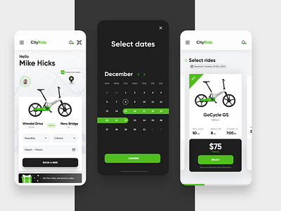 Bike Rental App app app design bike biking black green ios rental rental app ui ui design