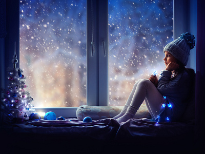 Little girl sitting on the windowsill room