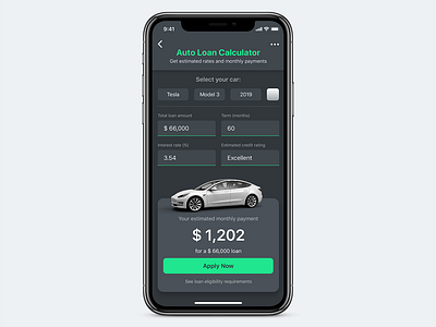 Auto Loan Calculator 2019 apply auto calculator car card credit design interest ios iphone loan pay payments selector sketch tesla text field ui ux