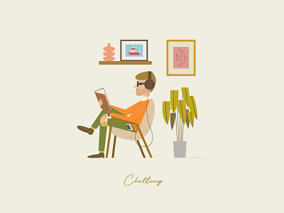 Chilling artprint bodystudy character design characterdesign digital art digitalart illustration listeningmusic livingroom music plants reading relaxing vector whisky