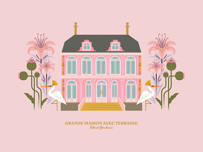 Grande Maison Avec Terrasse animals artprint birds design female flowers house housedesign illustration illustrator maison pink plants postcard romantic stylish vector