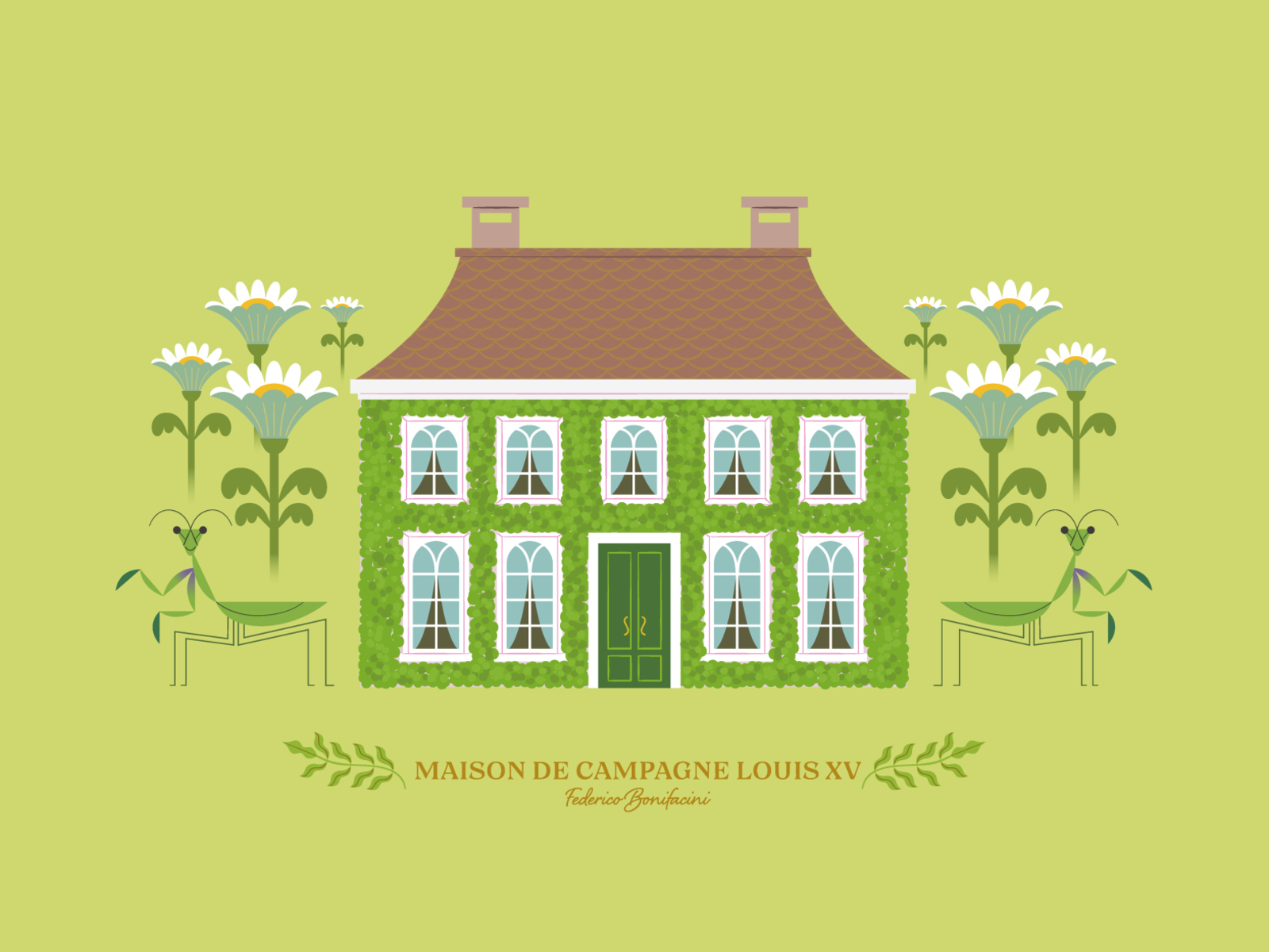 Maison de Campagne Louis XV insects mansion houses artdirection design art print stylish green insect mantis flowers plants illustration maison house