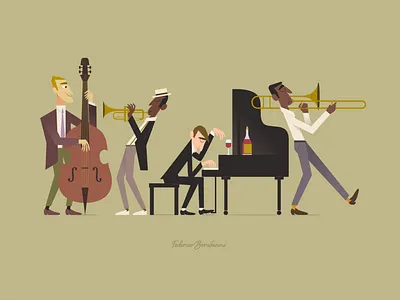 Jazz Band art character design design digital art doublebass illustration instruments jazz jazz band music music band musical pianist piano playingmusic trombone trumpet vector