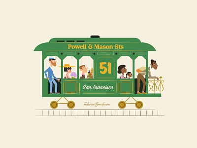 San Francisco 60s character design city design digital art illustration outside passengers people retro ride san francisco sanfrancisco streetcar tram tranvia travel trolleycar vector vintage