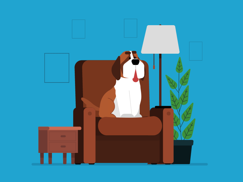 Woof blue dog saint bernard sofa vector