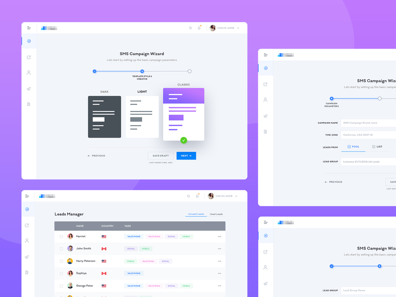 Create new SMS & Email Campaign app experience flat flow form inspiration minimal saas tabular ui ux wizard