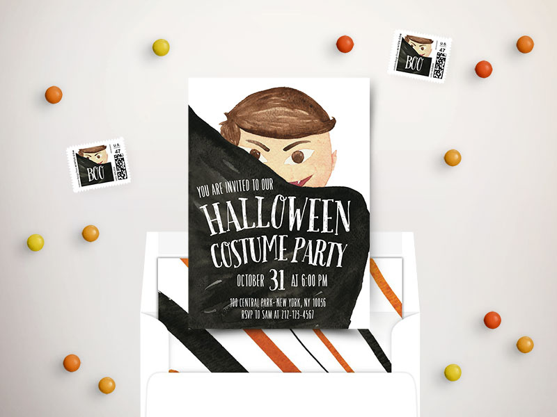 Little Cute Vampire stationery minted belia simm vampire illustration watercolor invitation invite costume party card halloween
