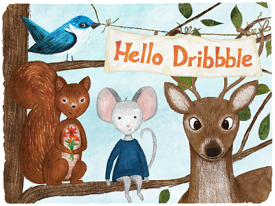 Hello Dribbble! bird character design critters deer drawing illustration mouse squirrel typography woodland animals