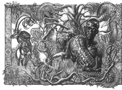 A Zimbabwean Tribe drawing graphite illustration mythology nature pencil realist stylized symbolism traditional tribe