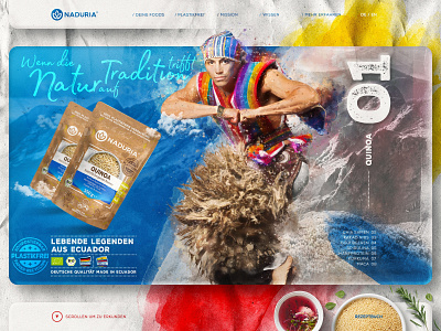 Naduria ® / Home Page Concept, Discovery Chapter blue branding concept creative art ecuador food and beverage graphic design mountain package design page layout red superfoods texture website design yellow