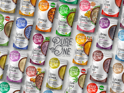 Pure One ™ / Product Range Package Prototype, Market Campaign 3d art breakfast circle logo food and drink fruits health care label packaging logotype design marketing campaign natural one package design product design pure rainbow colors rendering superfoods top view typography vegetables