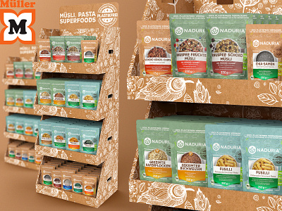 Naduria ® / Product Range of Plastic Free Package for Müller artwork bio branding carton creative design display food and drink health care illustration design label packaging logo marketplace meals natural material package design paper bag plastic free superfoods texture vector