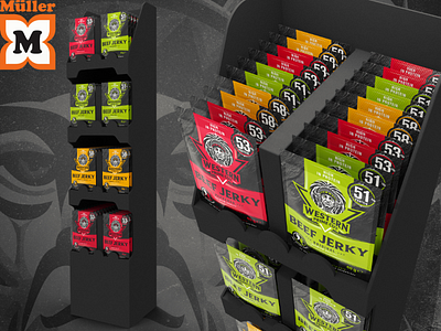 Western Prime Cut ™ / 3D Display, Prototype for Müller store 3d beef black branding creative design green jerky label logo marketplace model orange package print product protein red stone texture