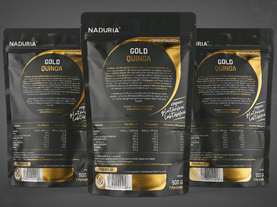 Quinoa Gold / Pouch Prototype & Label Design Back 3d bio black creative gold halftone health label design logo modelling natural package design pantone print rendering seed spotuv superfood texture typography