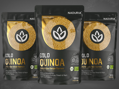 Quinoa Gold / Pouch Prototype & Label Design Front 3d bio black creative gold halftone health label design logo modelling natural package design pantone print rendering seed spotuv superfood texture typography