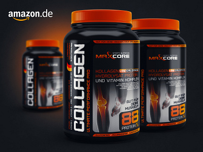 Maxcore / Collagen Product Package Design 3d active amazon black bold creative design fire health illustrator label logo modeling package design print product design rendering sport supplements texture