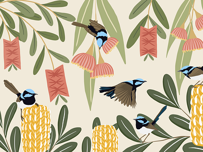 Australian Birds & Flowers Digital Illustration 2d illustration australian bird australian flowers banksias bird blue wren gum blossoms illustration vector