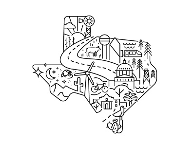 Miles and miles of Texas: Drive Clean Texas alamo armadillo austin cactus dallas houston illustration line art san antonio texas texas icons windmill