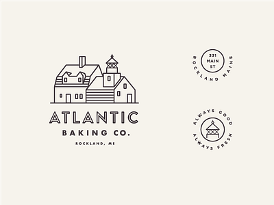 Atlantic Baking Co. illustration lighthouse line art logo main street maine typography