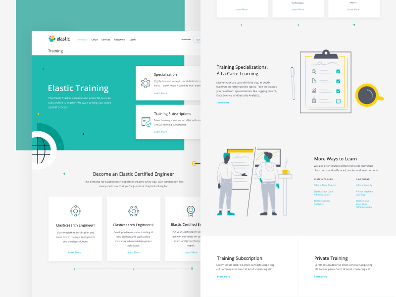 Elastic Training engineer teacher desk clipboard icons coffee people illustrations landing page