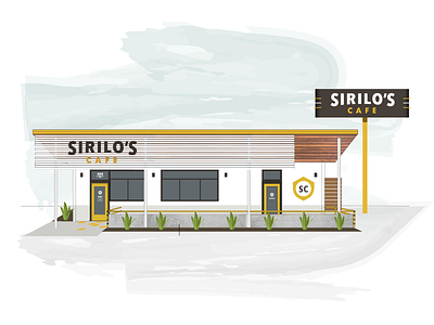 Sirilo's Cafe Exterior badge branding building cafe gas station illustration logo neon sign restaurant signage texas