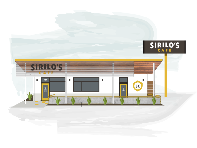 Sirilo's Cafe Exterior badge texas restaurant cafe gas station branding logo neon sign signage illustration building