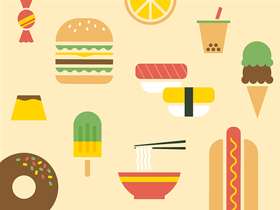 Food Illustration color donut food hamburger hot dog ice cream illustration lemon noodle pattern pudding sushi