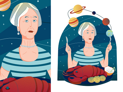 Space woman with lobster artwork character digital art flat illustration illustration vector