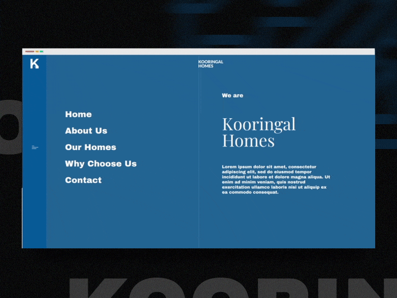 Kooringal Homes - Homepage & Menu Animation after effects animated animation art direction concept flat houses interaction interaction design landing page motion photography real estate studio ui uiux visual web web design website