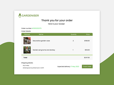 DailyUI #017 Email Receipt checkout daily ui dailyui email email receipt garden green items order order details receipt