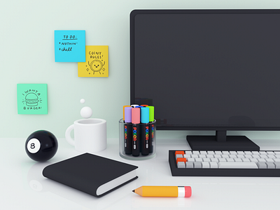 Desk Things 3d 8ball cinema4d desk pencil posca postits