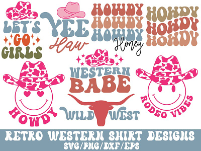 Retro Western T-Shirt Designs - Western SVG Bundle cricut cut files cutting files design dxf eps graphic design howdy smiley face howdy svg illustration png retro retro western retro western svg silhouette svg western western svg western women women shirt design