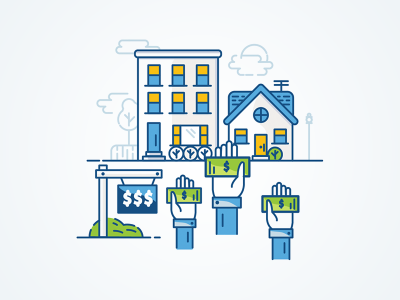 Real Estate Sales Illustration blue building dollar green hand hotel house icon illustration money sale sign