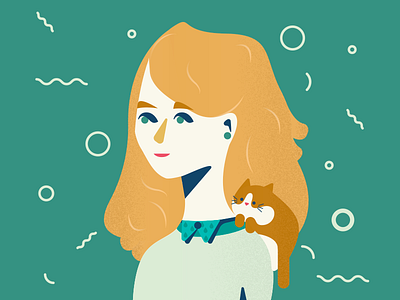 Girl with lazy cat animal cat geometric girl green illustration lazy