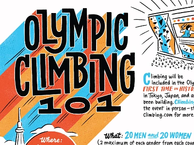 Olympic Climbing 101 for Climbing Magazine 2020 olympics 2021 olympics athletes bouldering climbers climbing climbing gym editorial illustration illustration lettering olympic climbing olympics tokyo