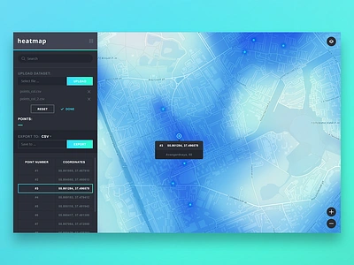 GIS Tools : heatmap dashboard geo gis heatmap interface list map menu points tool ui website