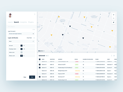 PlainGIS : Search by attributes attributes filters geo gis interface list list view map search results table design table view tables ui ui elements uidesign ux ux design
