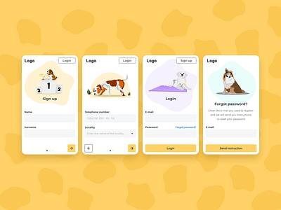 Dogs mobile app android app art design dog figma illustraion illustrator input ios login material mobile onboarding registration sign in signup stepper uiux yellow