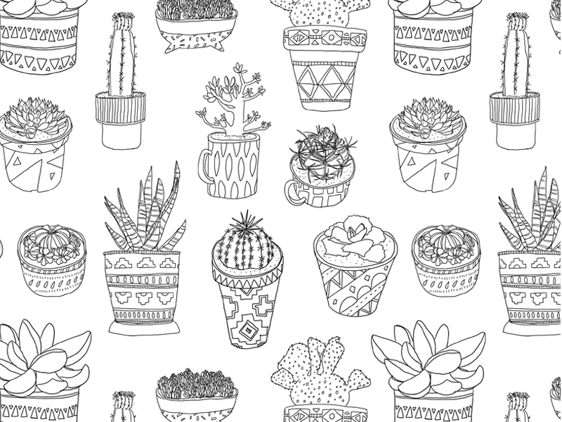 Cacti pattern design adult coloring book cactus cintiq design drawing freelance illustration nature pattern photoshop plant published