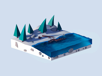 Winter forest isometry 3d 3d art 3d artist boat c4d forest isometry lake nature photoshop river water winter