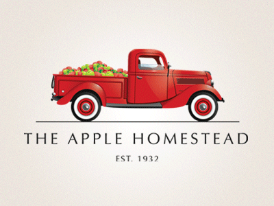 The Apple Homestead apples farm illustrator logo old fashioned paths red tires truck vintage