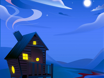 illustration of house illuminated by moonlight